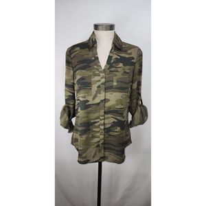 Express women's camo button down blouse with roll tab sleeves size small